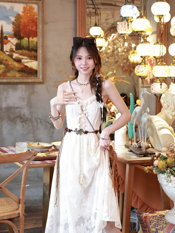 Bohemian Vacation Dress with Tassels, Small Shells, Sweet Temperament, Long Dress, Fairy-Like Travel Outfit, Retro Dress, Summer