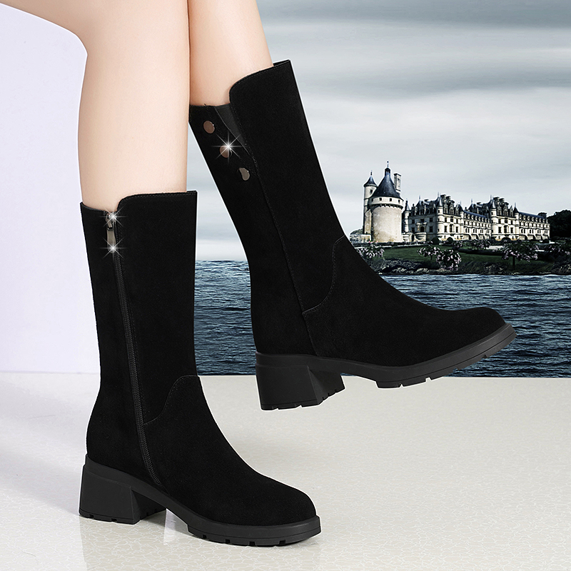 Jinte Belle leather mid-well boots women's velvet warm 2022 new winter thick-heeled Martin boots long boots