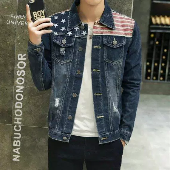 Áo khoác denim nam 2018 xuân mới phiên bản Hàn Quốc của xu hướng áo khoác lửng cạp cao mùa xuân và áo khoác mỏng lỗ mùa thu