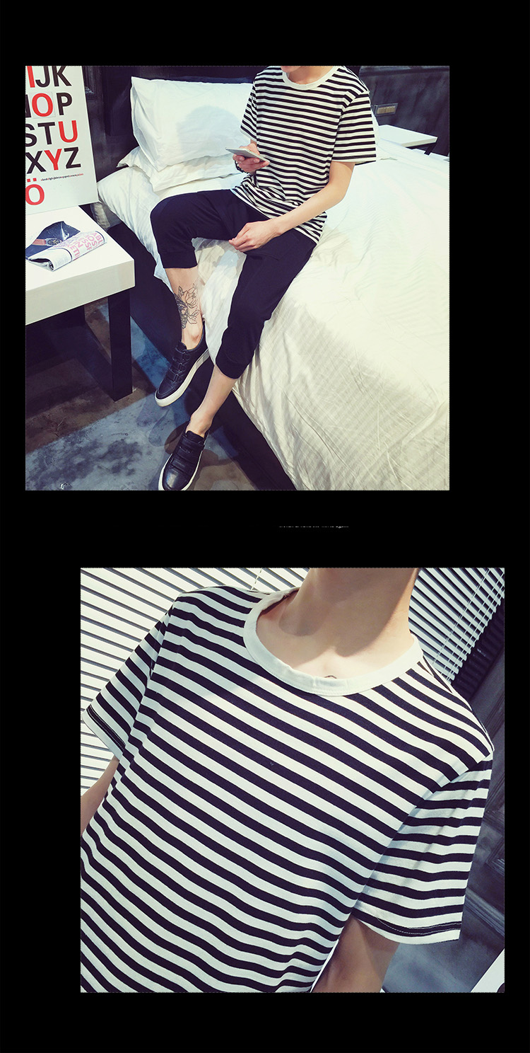 Mùa hè Nam Ngắn Tay Áo T-Shirt Nam Năm Tay Áo Hàn Quốc Xu Hướng Sinh Viên Loose Stripes Nửa Tay Áo T 桖 Quần Áo Nhật Bản