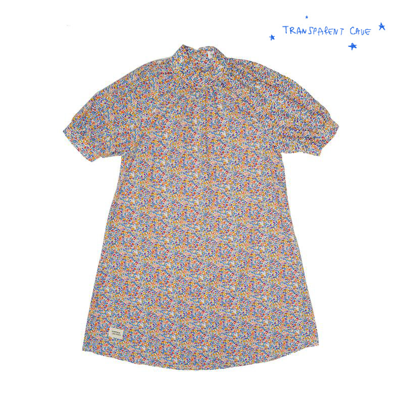Transparent cave blue orange floral small high neck puff sleeve girl dress summer original design