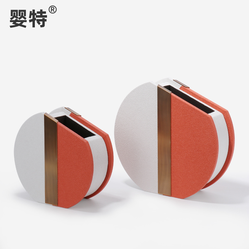 New Chinese leather wooden flower arrangement decoration model room soft decoration living room TV cabinet porch flower ornaments