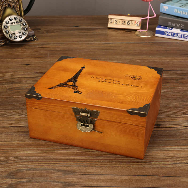 With lock storage box solid wood box desktop storage wooden household debris documents European retro password small box