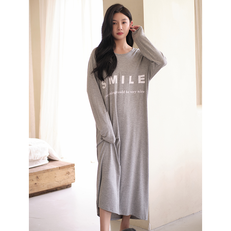 New Modal Pajamas for Women, Spring and Autumn Long-Sleeved, Long Over-The-Knee Nightgown, Loose Plus-Size Loungewear for Pregnant Women