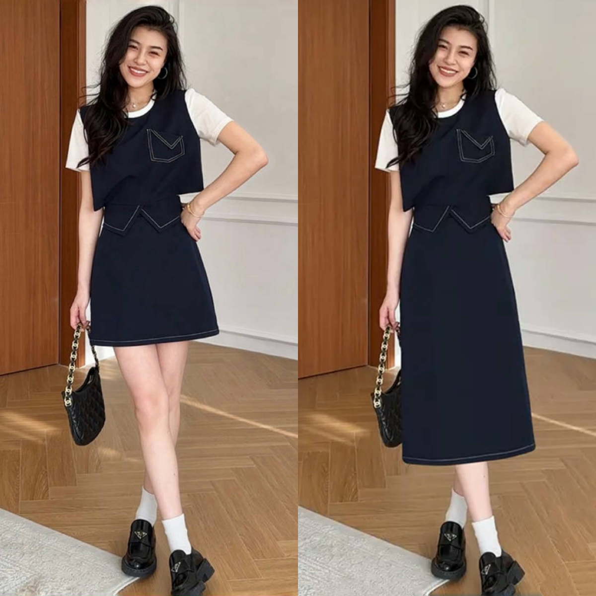 女性のための非常に見栄えの良い夏のスーツ2025新しいスタイルのファッションカジュアル年齢を減らすフェイクツーピースTシャツスカートツーピーススーツ
