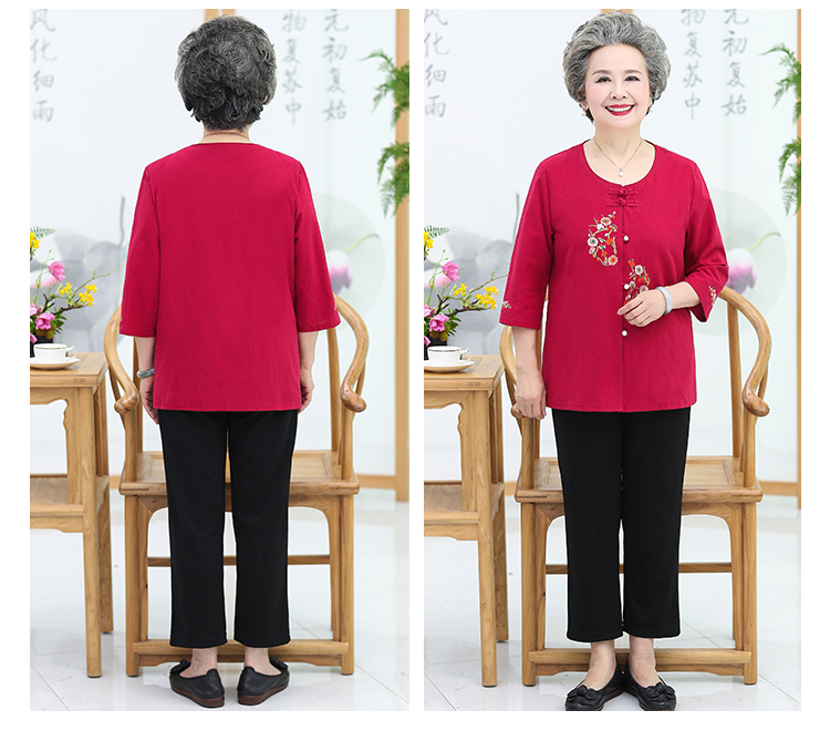 Bà mặc đồ cotton và vải lanh hai mảnh 60 tuổi 70 bà già mặc váy mùa hè cho mẹ 80 áo ngắn tay - Quần áo của mẹ đầm u40 sang trọng