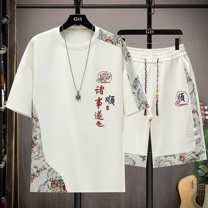 Summer Suit for Men, Chinese Style, Trendy, Fashionable, Casual, Thin Short-Sleeved T-Shirt, Shorts, Sports Two-Piece Set for Students