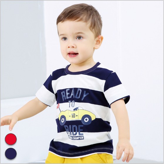 Zero also brand children clothing 2019 Summer new Korean version large striped cartoon car printed round collar short sleeve T-shirt