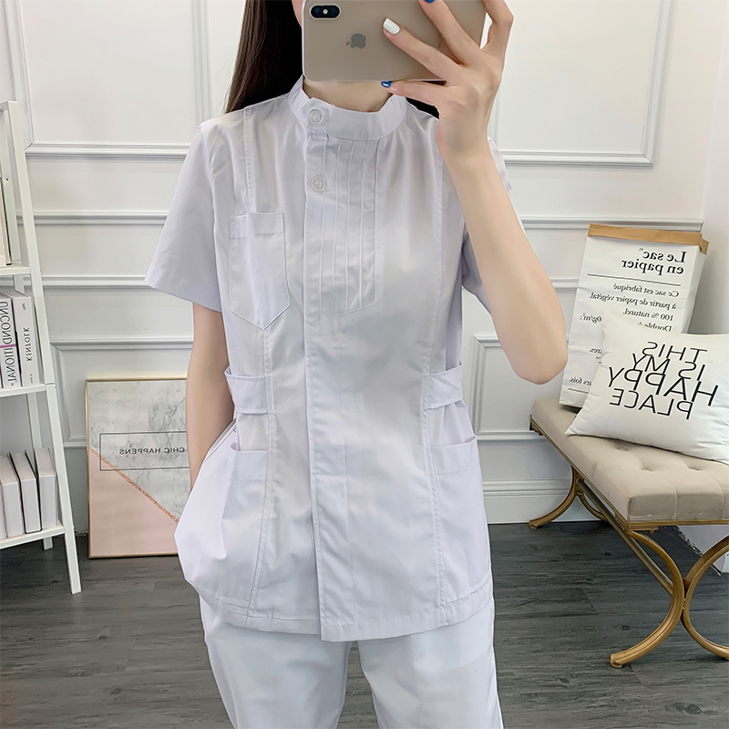 Nightingale Pleated Stand-Up Collar Nurse Uniform Two-Piece Set Short-Sleeved Women's White Summer Dental Pharmacy Work Uniform