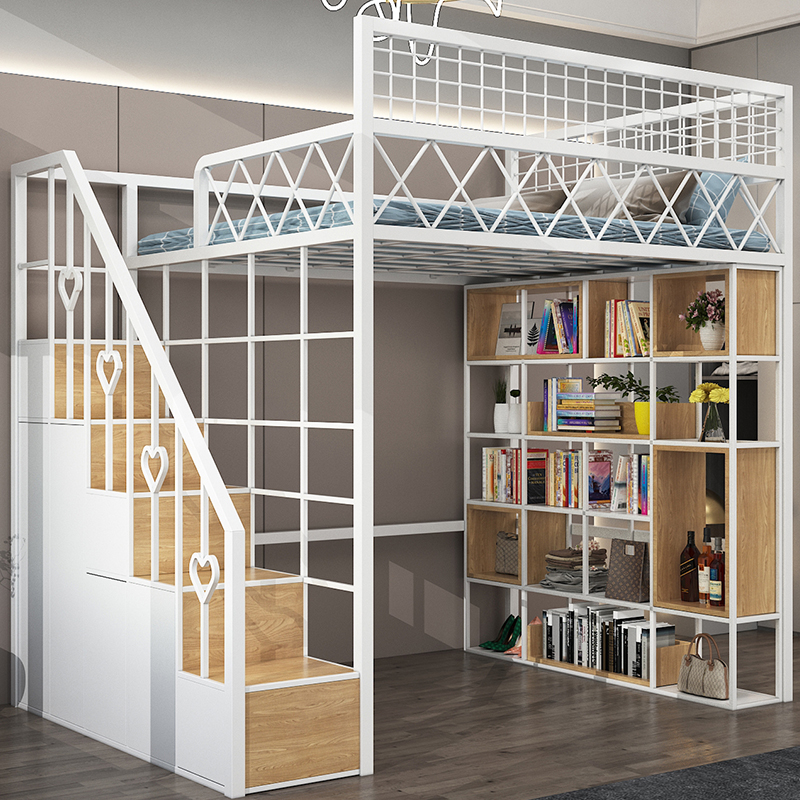 Elevated bed small apartment upper bed and lower table empty duplex second floor bed sheet upper loft bed space-saving wrought iron bed frame