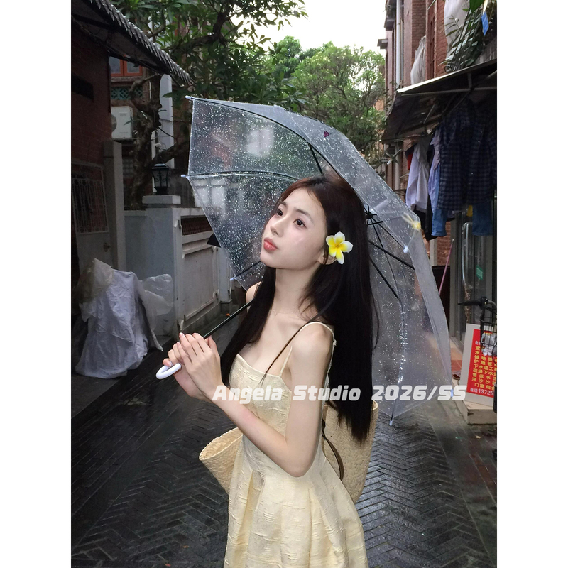 Angelastudio/26Ss Seaside Resort Style Retro Yellow Textured Waist-Cinching Slit Suspender Dress
