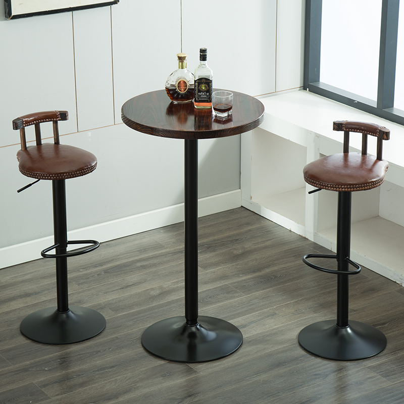 Simple small bar table home solid wood high round table living room café Nordic wrought iron table and chair combination carbonization