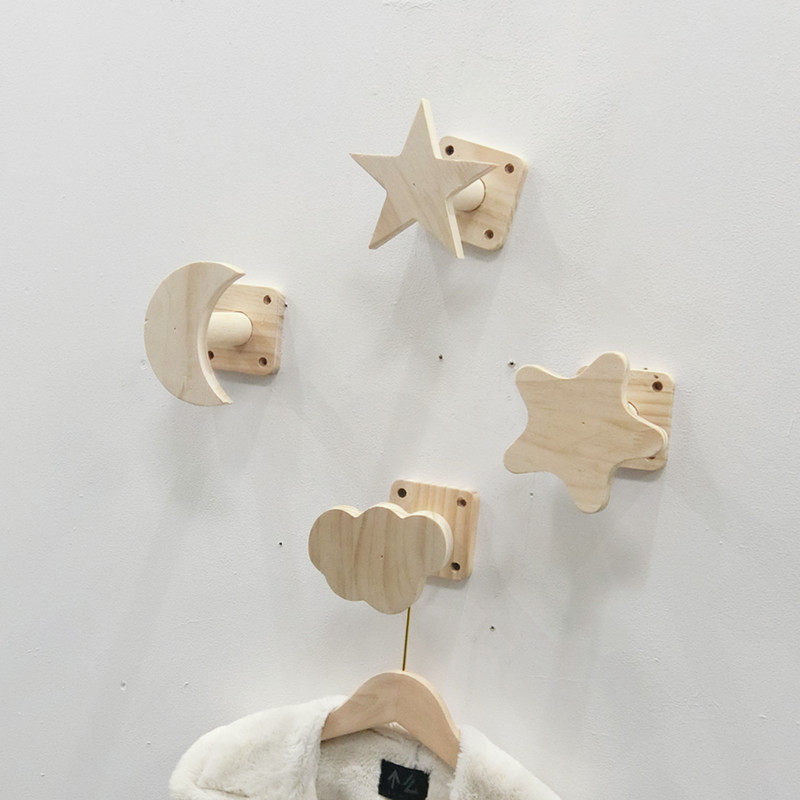 Children's Clothing Shop Furnishing Solid Wood Show Shelf Hooks Up Wall Original Wood Color Children Clothes Wall-hanging Points Hung Wood Hung Clothes Hangers