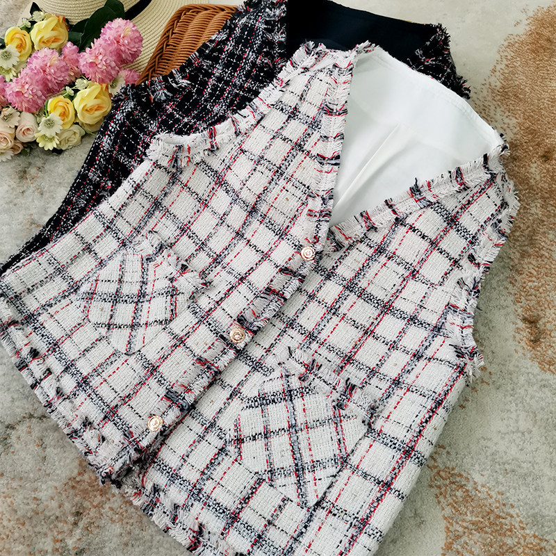 Beauty to heart tip flow Subian small fragrant wind waistcoat wool coarse flowers What to do with a checkered waistcoat female waistcoat