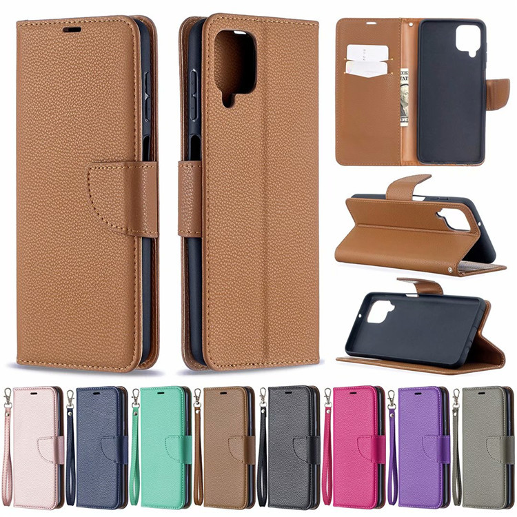 Suitable for Samsung Galaxy A12 Mobile Phone Case, Pure Color Lychee Pattern A12 Card Holder, Anti-Fall Leather Case, New Style