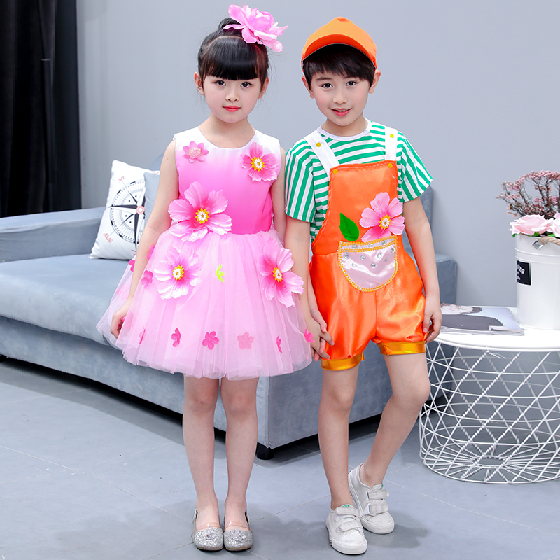 Hoa phong cách Xiaohe thứ chín, bạn nhảy trang phục, trẻ em nữ, váy công chúa, váy lông, quần áo biểu diễn trang phục hóa trang cho bé