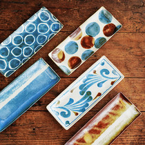 Imported beautiful burn pen green Japanese hand-painted long plate square plate retro ceramic Japanese sushi dish dish dish fish plate