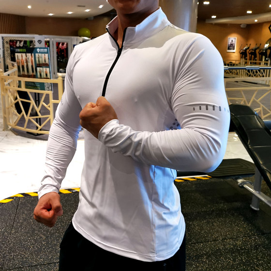 Sports long-sleeved T-shirt men's spring and autumn fitness POLO shirt quick-drying breathable stretch tight stand-up collar top coach work clothes