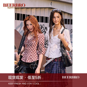 Beerbro American Style Spicy Girl Slim-Fit Color-Block Printed Short-Sleeve Shirt for Women Early Autumn New V-Neck Pleated White Shirt
