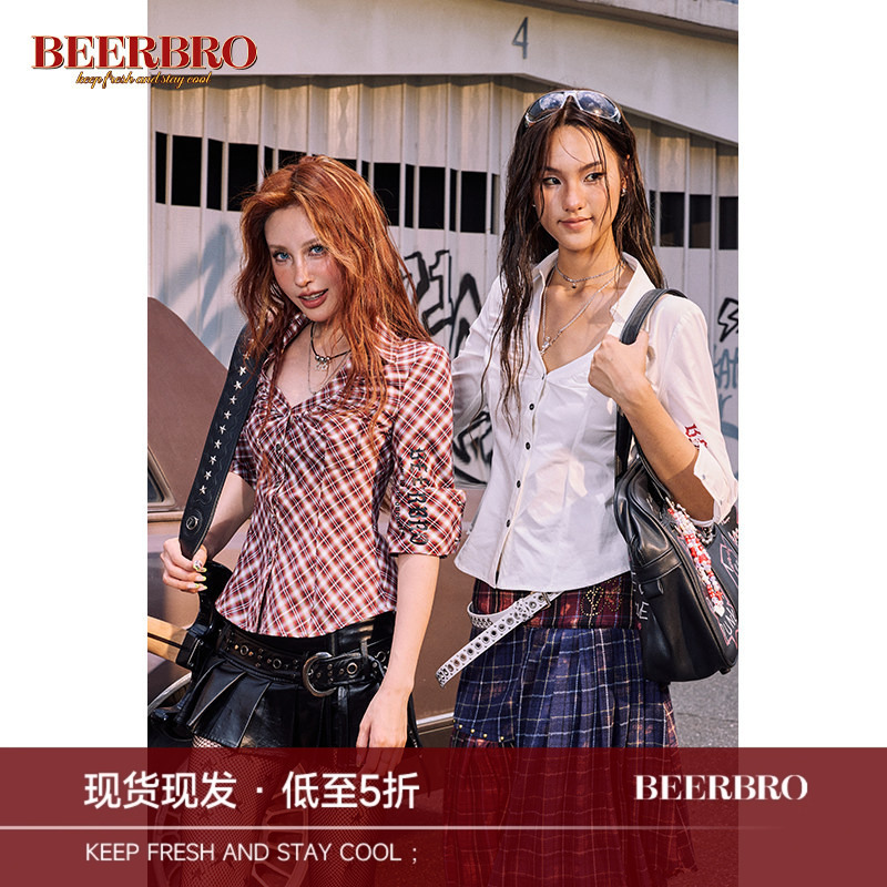 Beerbro American Style Spicy Girl Slim-Fit Color-Block Printed Short-Sleeve Shirt for Women Early Autumn New V-Neck Pleated White Shirt