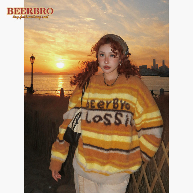 BeerBro American Striped Pullover Women's Autumn and Winter 2023 Retro Maillard Soft Waxy Lazy Style Knitted Sweater