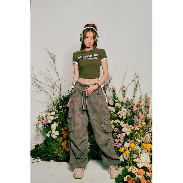 BeerBro American wasteland style hot girl overalls women's high street hiphop hip hop camouflage wide leg pants trendy