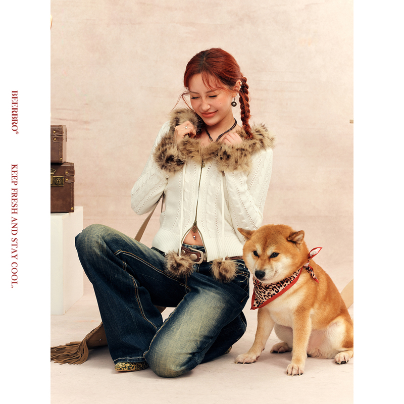 Beerbro『Rock Hot Girl』Autumn and Winter Casual Style Leopard Print Fur Collar Twist Knit Sweater Hooded Jacket for Women Beerbro『Rock Hot Girl』Autumn and Winter Casual Style Leopard Print Fur Collar Twist Knit Sweater Hooded Jacket for Women