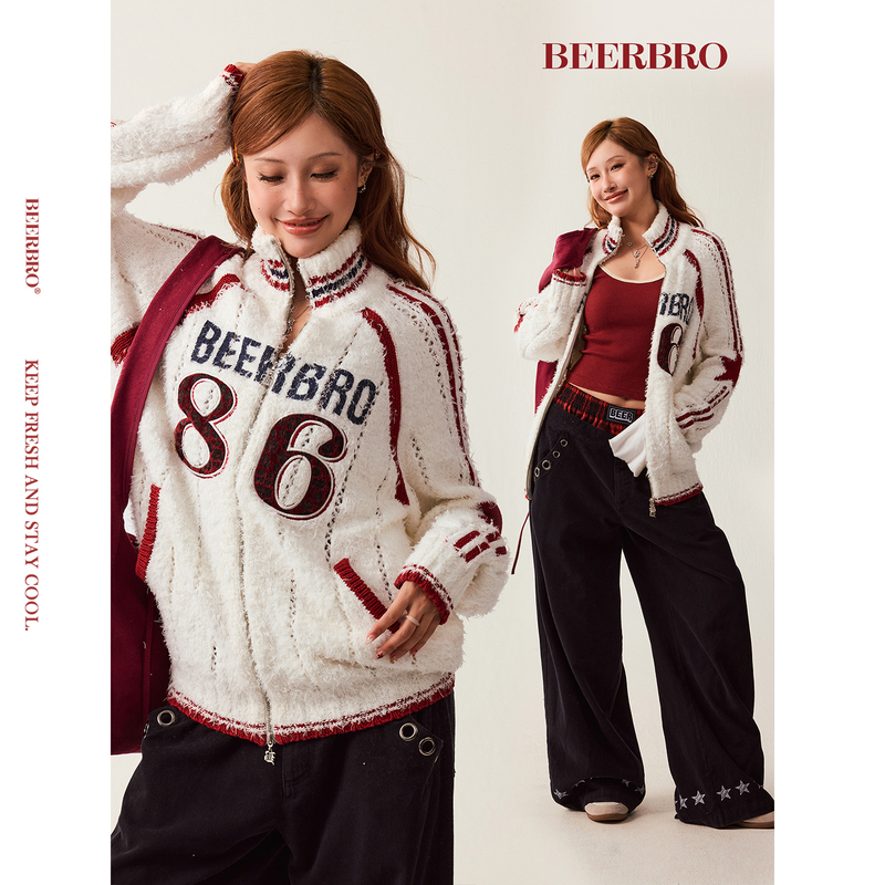 Beerbro『New Journey』Versatile and Sporty Yarn Splicing Color-Blocked Patchwork Embroidered Sweater Jacket