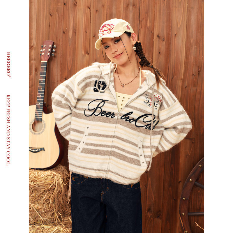 Beerbro「Retro Western」Casual Vintage Style Soft Striped Stereo Letter Hooded Sweater Jacket for Women Beerbro「Retro Western」Casual Vintage Style Soft Striped Stereo Letter Hooded Sweater Jacket for Women