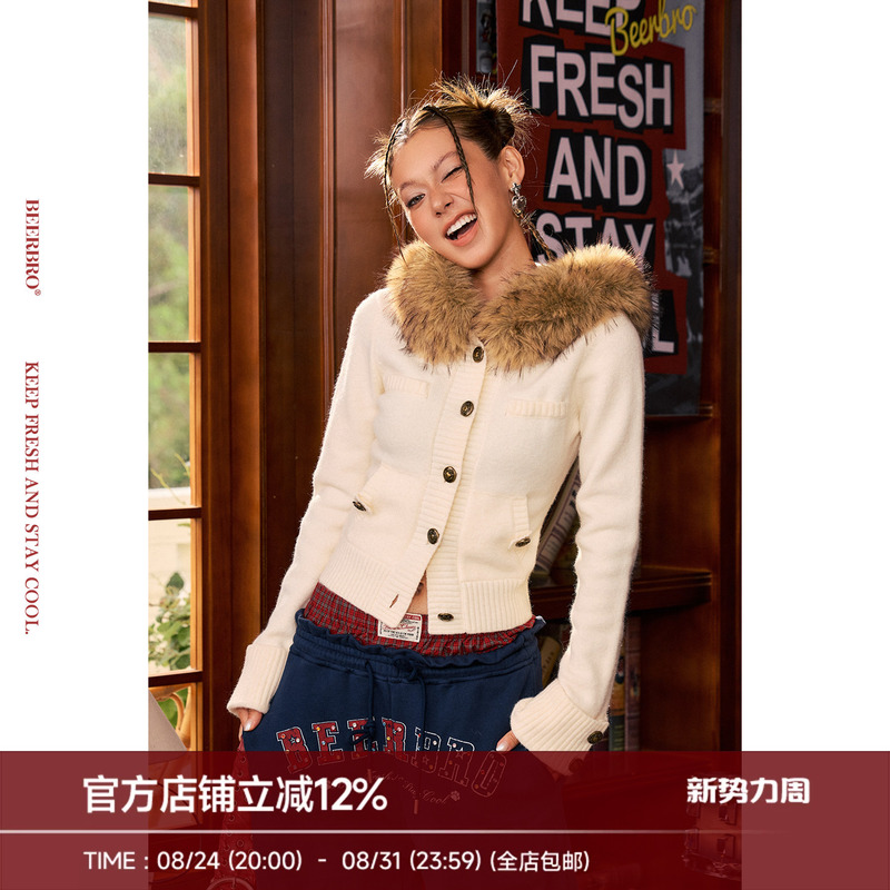 Beerbro『Rock Book Bar』Comfortable Yarn Autumn and Winter Tight-Fitting Detachable Fur Collar Short Sweater Jacket