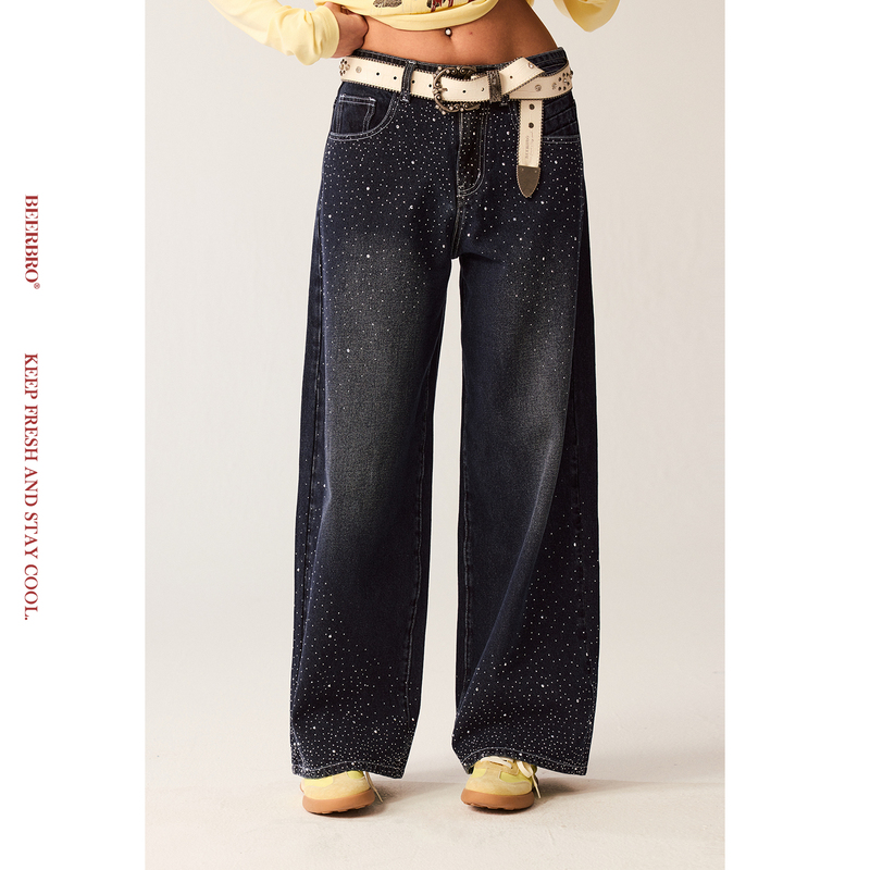 Beerbro『Vintage Sound』Heavy-Duty Vintage Washed and Rhinestone-Embellished Loose Slimming Straight-Leg Jeans for Women