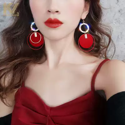 Big circle exaggerated earrings female 2021 New temperament long version red ear needle Korean tassel sterling silver earring tide