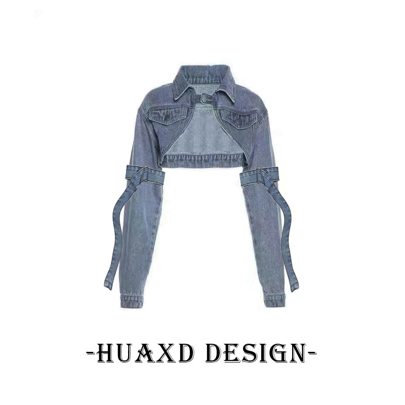 Hua Xiaodao Original Design Ribbon-Trimmed Denim Jacket Ultra-Short Style Hot Girl Retro Distressed Long-Sleeve Cardigan Hua Xiaodao Original Design Ribbon-Trimmed Denim Jacket Ultra-Short Style Hot Girl Retro Distressed Long-Sleeve Cardigan