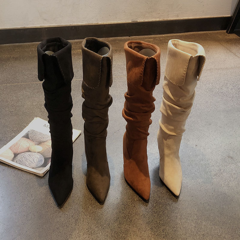 Retro Suede Pleated Lapel High-Heeled Boots 2026 Autumn and Winter New Style Pointed Toe Stiletto Heel Slimming Boots Retro Suede Pleated Lapel High-Heeled Boots 2026 Autumn and Winter New Style Pointed Toe Stiletto Heel Slimming Boots