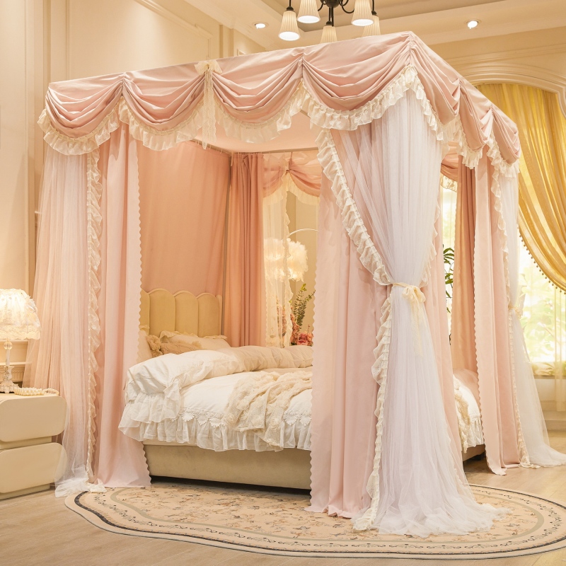 French Princess-Style Double-Pole Bed Canopy for Home Bedroom, Blackout Bed Curtain, Mosquito Net, Integrated Thickened Warm Wedding Floor-Standing