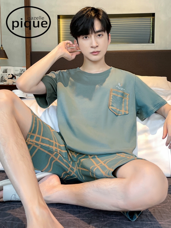 Japanese Gp Pajamas for Men, Summer Short-Sleeved Shorts, Pure Cotton, Thin Style, Casual and Simple Home Wear Set for Teenagers