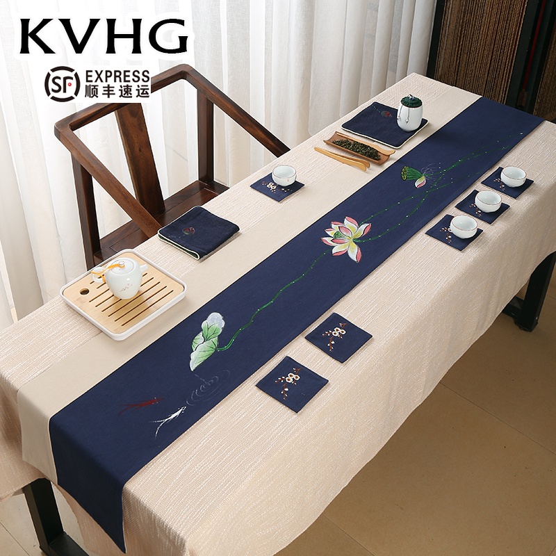 KVHG table flag Chinese tea table Zen fabric tea table tablecloth retro Chinese style tea table tea flag cotton linen linen