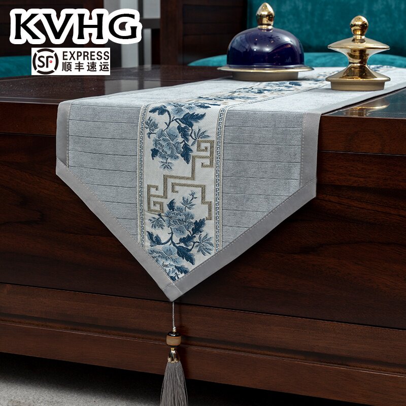KVHG table flag light luxury modern minimalist Chinese Zen embroidery coffee table tablecloth table tea seat blue cover cloth decoration