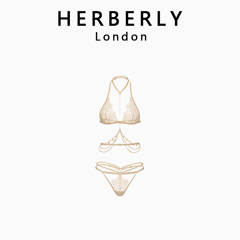 British Herberly Sexy Eyelash Lace Champagne Gold Seductive Three-Point Halter Backless Lingerie Set