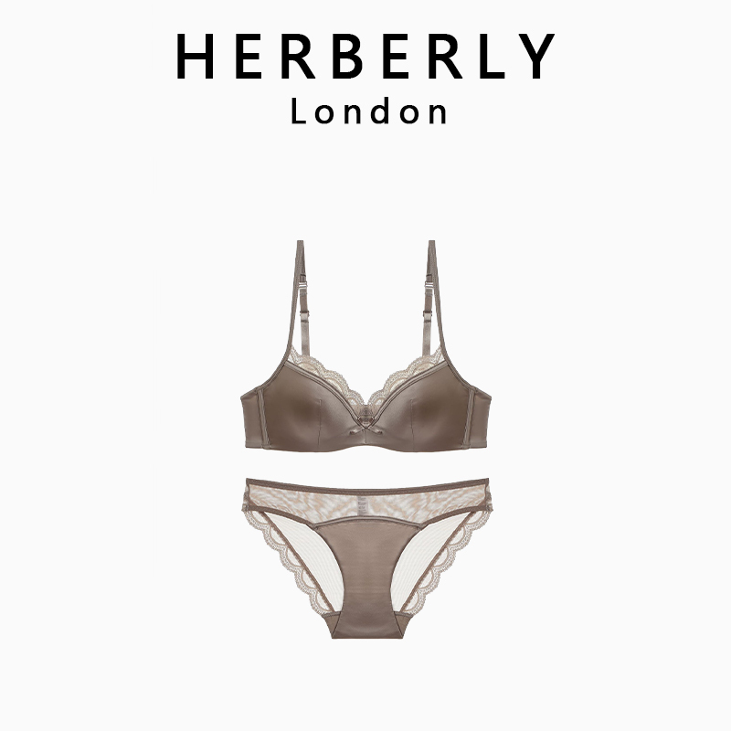 British Herberly Thin Push-Up Anti-Sagging Soft Underwire Bra for Women, French High-End Satin Bra Set