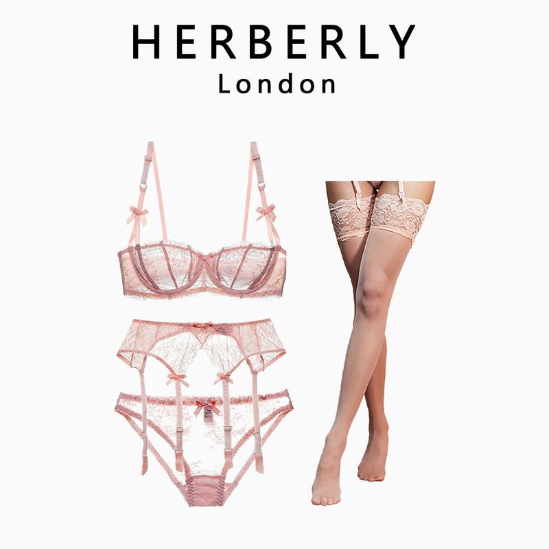 British Herberly Half-Cup Sexy Lace 4-Piece Lingerie Set for Women, Pure Desire Style, Thin and Tempting Bra Set British Herberly Half-Cup Sexy Lace 4-Piece Lingerie Set for Women, Pure Desire Style, Thin and Tempting Bra Set