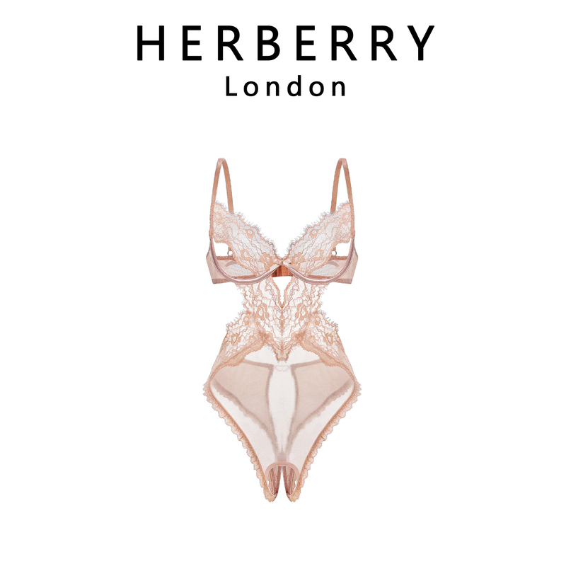 British Herberry French-Style Hollow Lace Transparent Mesh Bra Pure Desire Open-Crotch No-Take-Off Bodysuit