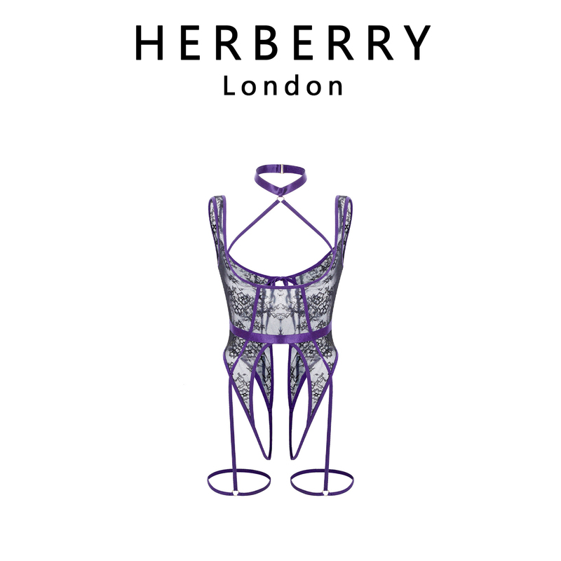 British Herberry Chinese Valentine's Day Romantic Outfit: Halter Neck, Cut-Out, Lace-Up Leg Rings, Lace See-Through, No-Take-Off Bodysuit