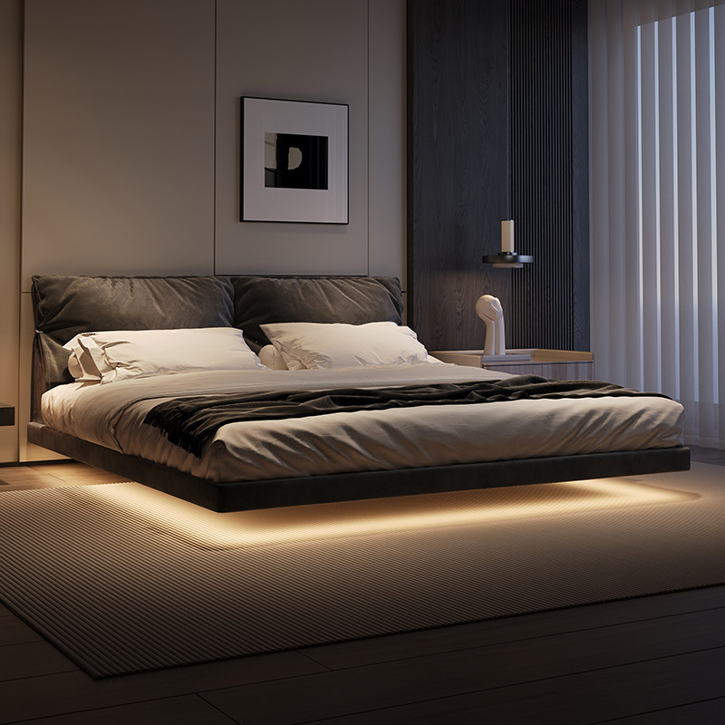 Light extravagant suspended bed iron frame 2023 designer new belt induction lamp modern minimalist master bedroom frosted fabric bed-Taobao