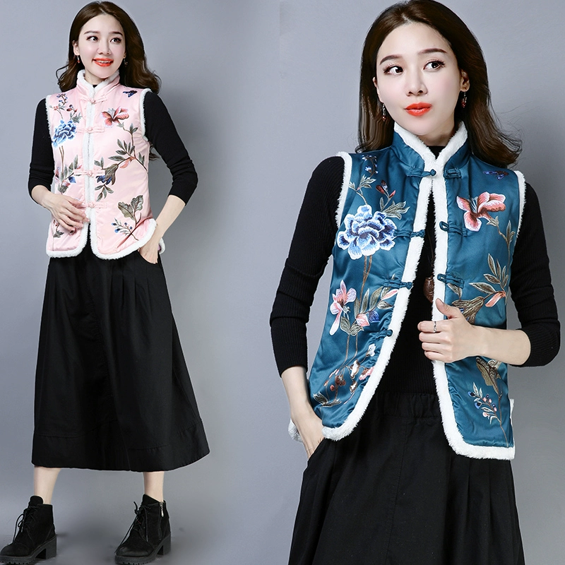 2019 mùa thu mới phong cách dân tộc áo khoác nữ retro in lỏng cổ áo đứng giản dị khóa clip bông vest nữ - Áo vest