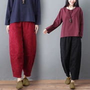 2018 thu đông mới của phụ nữ retro gió quốc gia màu rắn quần dài cotton cotton dày cộng với quần harem béo