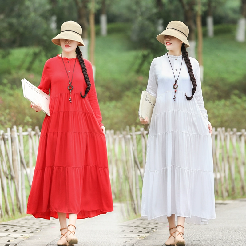 Xuân 2019 mới của phụ nữ phong cách dân tộc ăn mặc retro lỏng và dài tay áo khâu nút dài váy - váy đầm