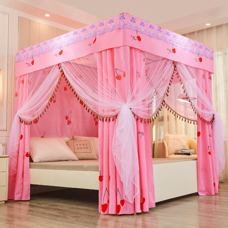 Bed curtain of mosquito net in one-way household bedroom covering encrypted princess wind court landing three open door bed mantle dust resistance