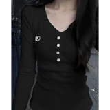 Сексуальный хлопковый осенний короткий базовый приятный телу лонгслив, V-образный вырез, в американском стиле, облегающий крой