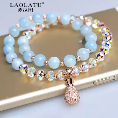 Laura Tu Crystal hand female ins niche design Sea Blue Silver Korean simple personality double-layer bracelet